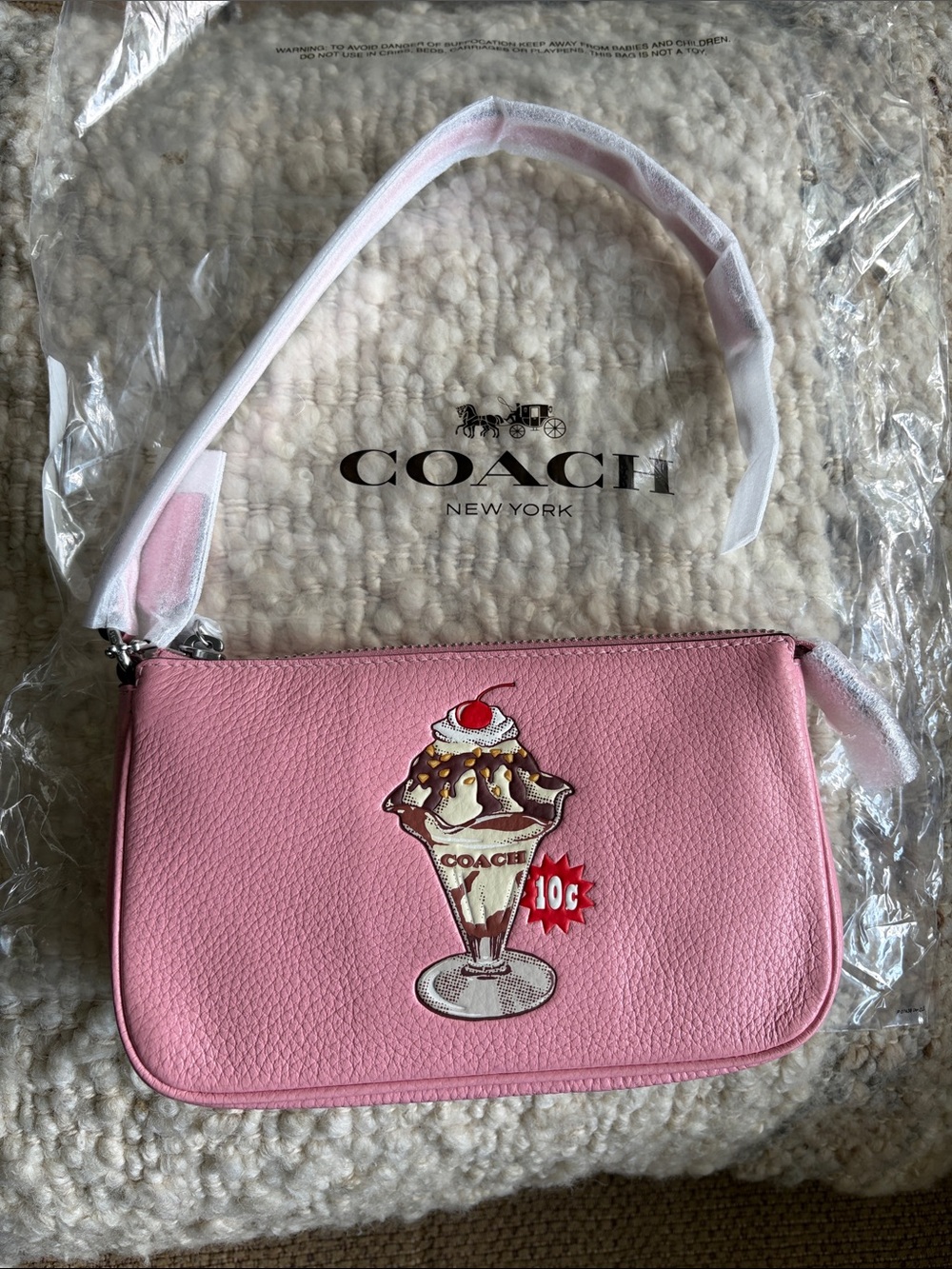 Coach Pink Leather Wristlet with Sundae Appliqué